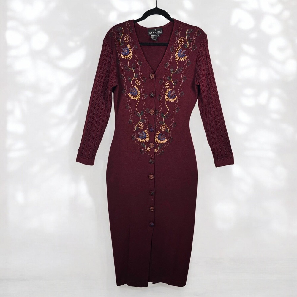 VTG Carole Little Burgundy Knit‎ Embroidered Button Front Midi Dress Women Small